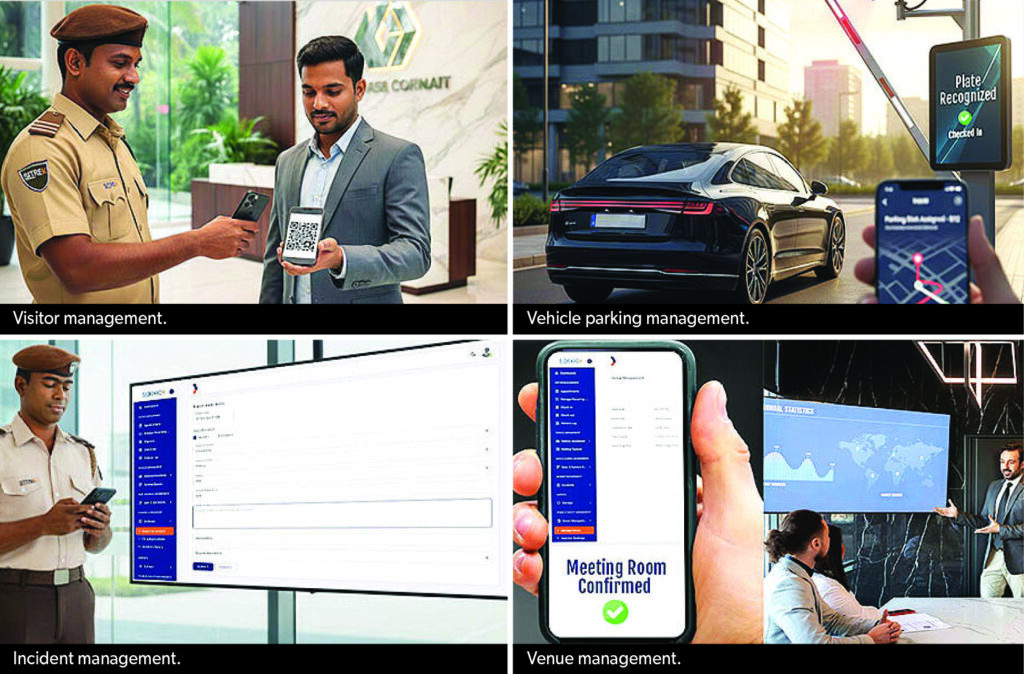 Visitor management: security guard scans a visitor's QR code while a man holds a QR code on a tablet-like device in the lobby area with greenery and a building backdrop behind them? (Ensure concise: Security guard scans visitor's QR code in lobby for visitor management)